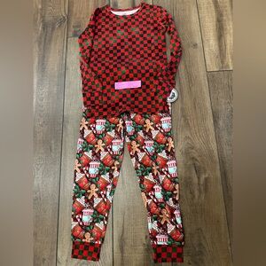 Kids Bamboo Pajamas Red and Green Checkered with Gingerbread Print